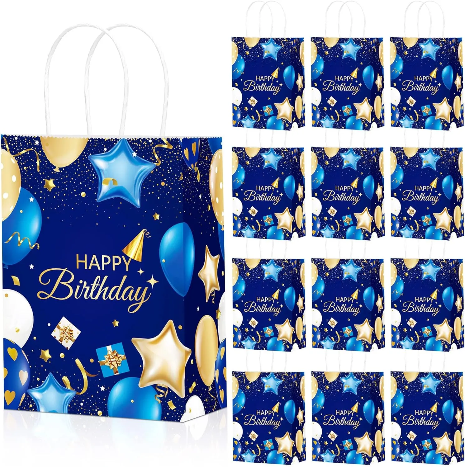 Frienda 24 Pcs Birthday Gift Bags with Handles Navy Blue and Gold Party Goodie Happy Birthday Favor Bags for Boys Girls Men Women Party Supplies, 5.9 x 3.2 x 8.3 Inches