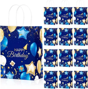 Frienda 24 Pcs Birthday Gift Bags with Handles Navy Blue and Gold Party Goodie Happy Birthday Favor Bags for Boys Girls Men Women Party Supplies, 5.9 x 3.2 x 8.3 Inches