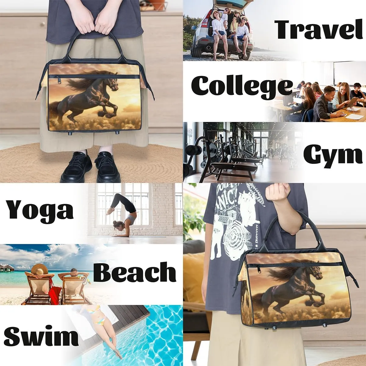 Friesian Horse Sunlight Travel Duffle Bag, Waterproof Duffel Bag Weekender Overnight Carry On Bag Lightweight Sport Gym Bag for Men Women