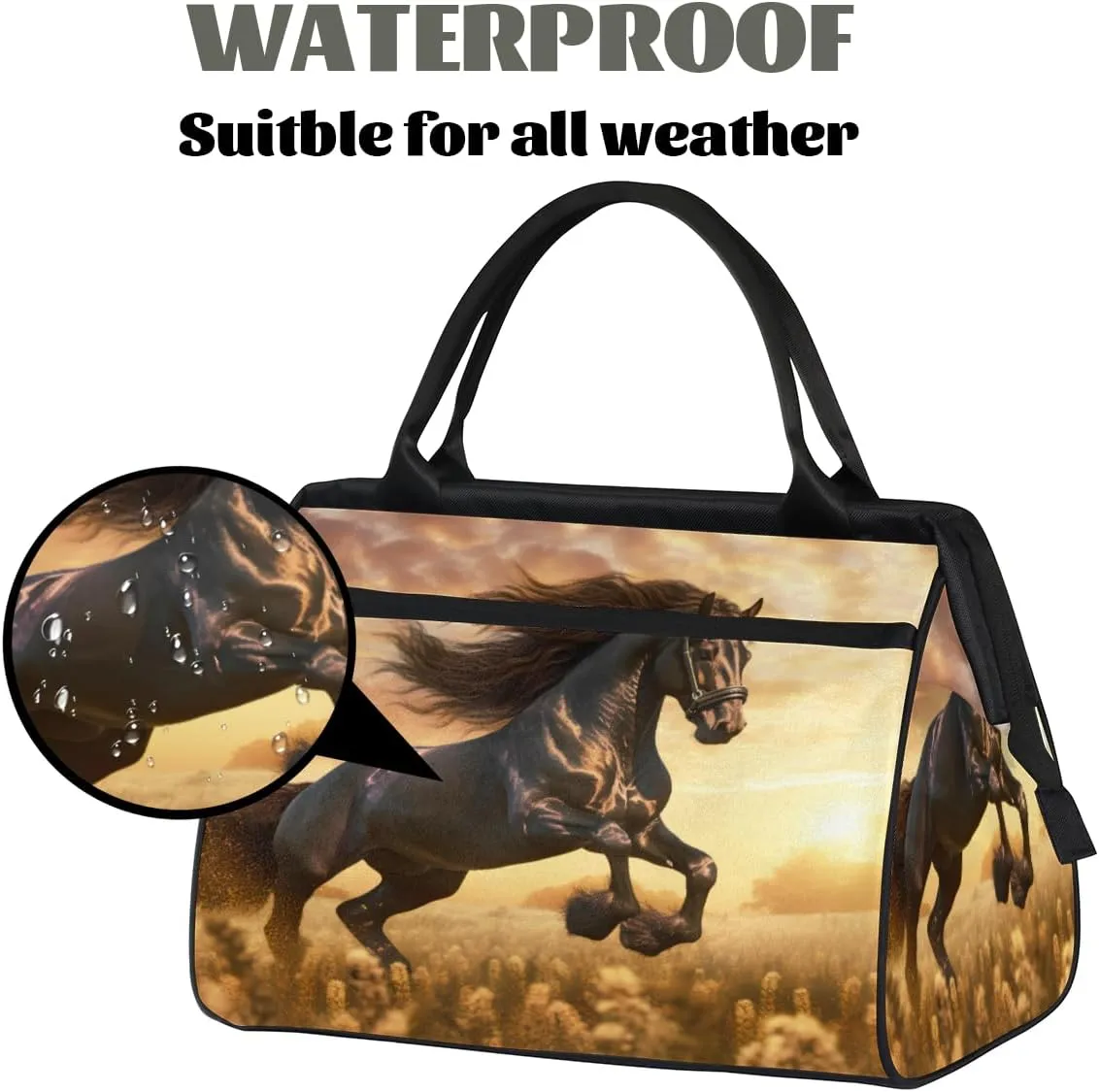Friesian Horse Sunlight Travel Duffle Bag, Waterproof Duffel Bag Weekender Overnight Carry On Bag Lightweight Sport Gym Bag for Men Women