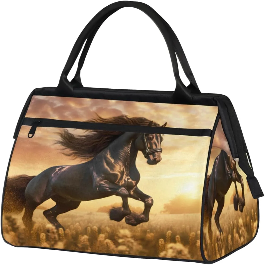 Friesian Horse Sunlight Travel Duffle Bag, Waterproof Duffel Bag Weekender Overnight Carry On Bag Lightweight Sport Gym Bag for Men Women