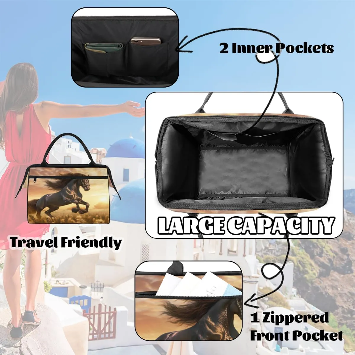 Friesian Horse Sunlight Travel Duffle Bag, Waterproof Duffel Bag Weekender Overnight Carry On Bag Lightweight Sport Gym Bag for Men Women