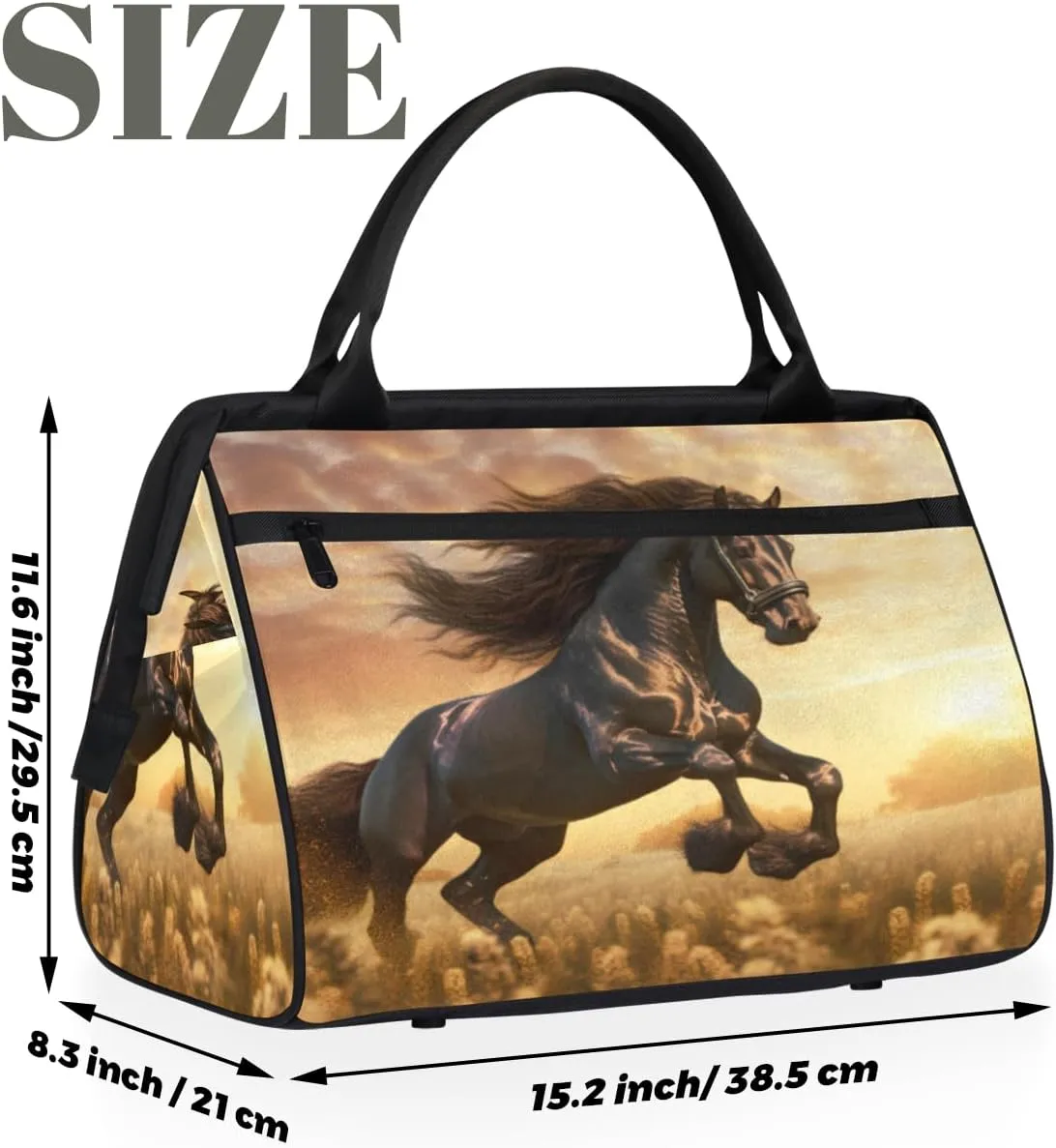 Friesian Horse Sunlight Travel Duffle Bag, Waterproof Duffel Bag Weekender Overnight Carry On Bag Lightweight Sport Gym Bag for Men Women