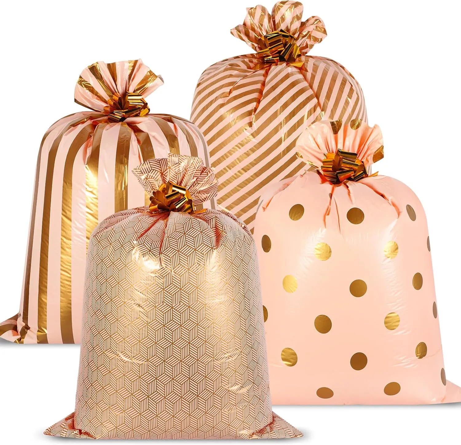 Fulmoon 4 Pcs 48 Inch Jumbo Gift Bag Golden Extra Large Bags with Pull Flowers, Plastic Giant Gift Oversized Wrapping for Graduation Wedding Birthday(Pink Gold)