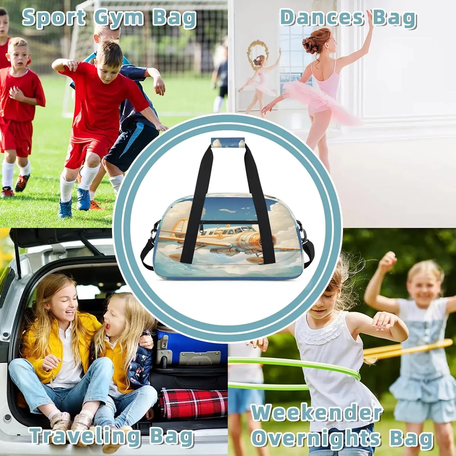 Funny Airplane Small Gym Bag 18 inch Carry On Duffel Bag for Weekender Travel Sports Workout Yoga Gymnastics Dance Ballet
