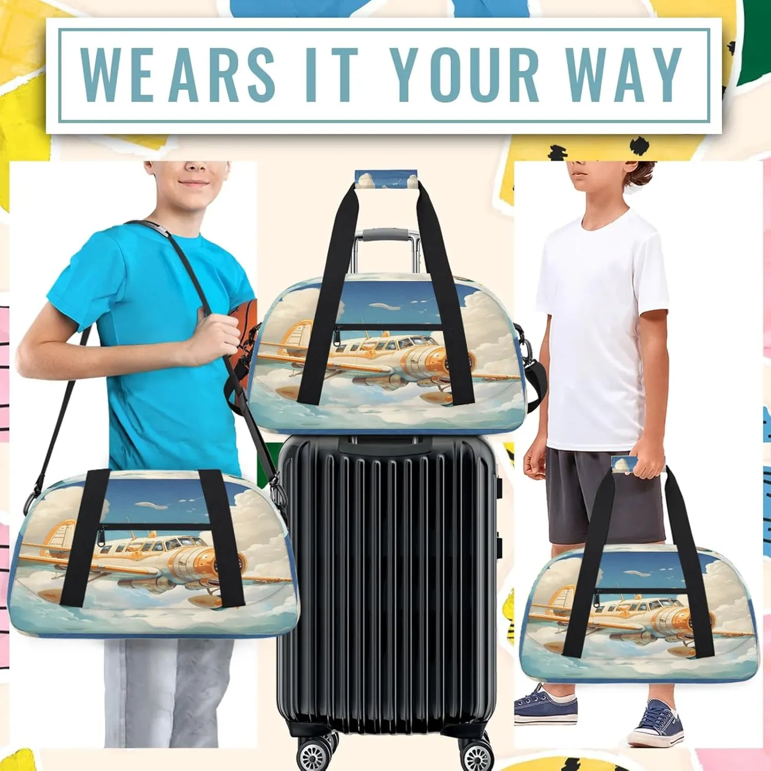 Funny Airplane Small Gym Bag 18 inch Carry On Duffel Bag for Weekender Travel Sports Workout Yoga Gymnastics Dance Ballet