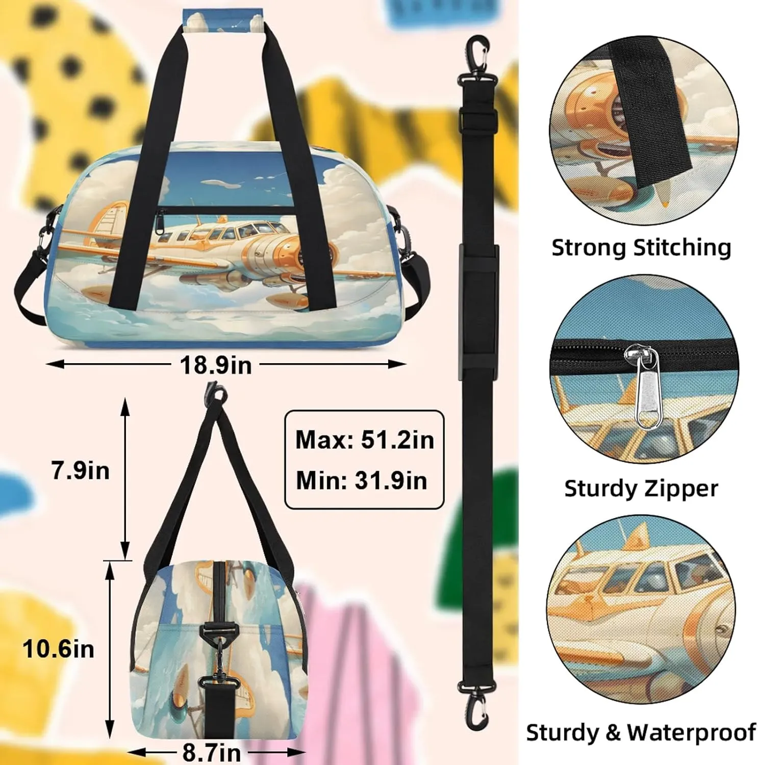 Funny Airplane Small Gym Bag 18 inch Carry On Duffel Bag for Weekender Travel Sports Workout Yoga Gymnastics Dance Ballet