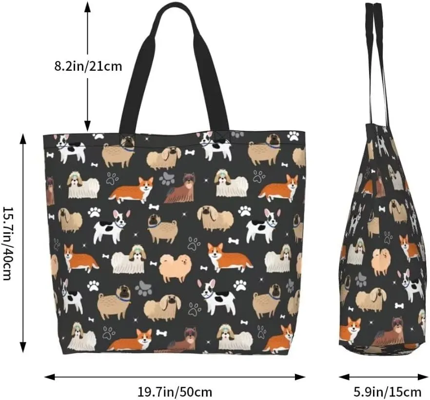 Funny Dog Theme Tote Bag for Women, Cute Paw Bone Print Shoulder Reusable Beach Shopping Handbags Casual Travel Gifts for Dog Lovers Mother Teacher -Large