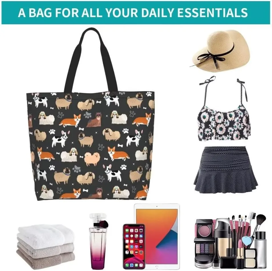 Funny Dog Theme Tote Bag for Women, Cute Paw Bone Print Shoulder Reusable Beach Shopping Handbags Casual Travel Gifts for Dog Lovers Mother Teacher -Large