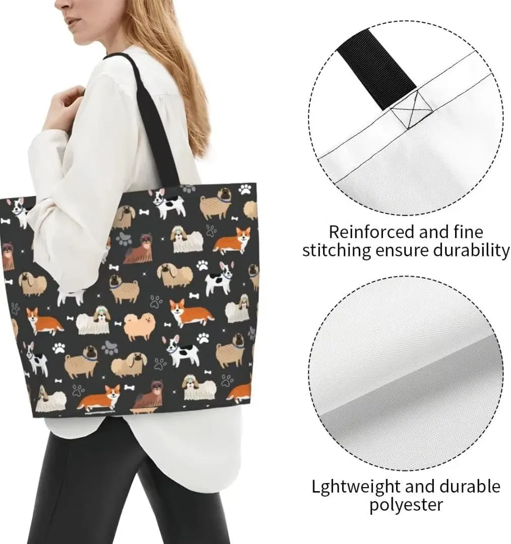 Funny Dog Theme Tote Bag for Women, Cute Paw Bone Print Shoulder Reusable Beach Shopping Handbags Casual Travel Gifts for Dog Lovers Mother Teacher -Large