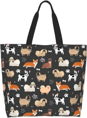 Funny Dog Theme Tote Bag for Women, Cute Paw Bone Print Shoulder Reusable Beach Shopping Handbags Casual Travel Gifts for Dog Lovers Mother Teacher -Large