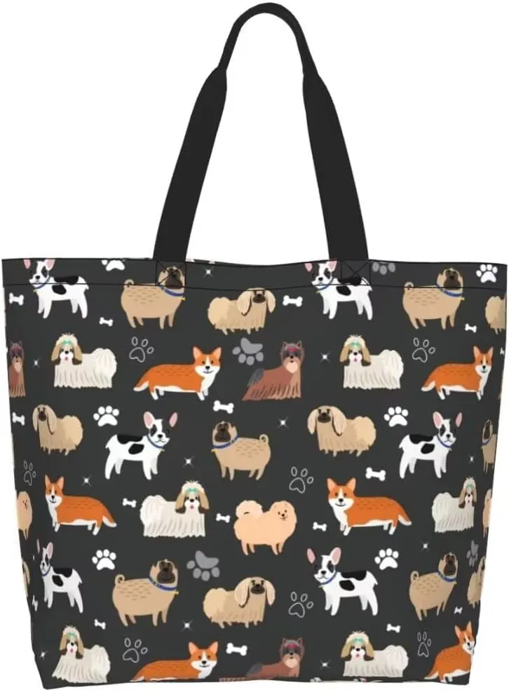 Funny Dog Theme Tote Bag for Women, Cute Paw Bone Print Shoulder Reusable Beach Shopping Handbags Casual Travel Gifts for Dog Lovers Mother Teacher -Large
