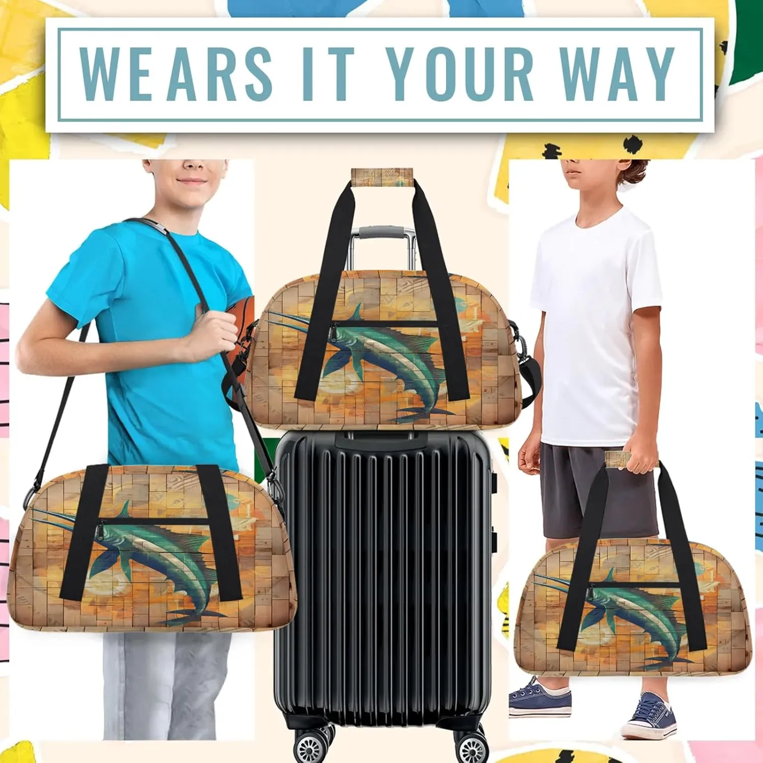 Funny Swordfish Small Gym Bag 18 inch Carry On Duffel Bag for Weekender Travel Sports Workout Yoga Gymnastics Dance Ballet