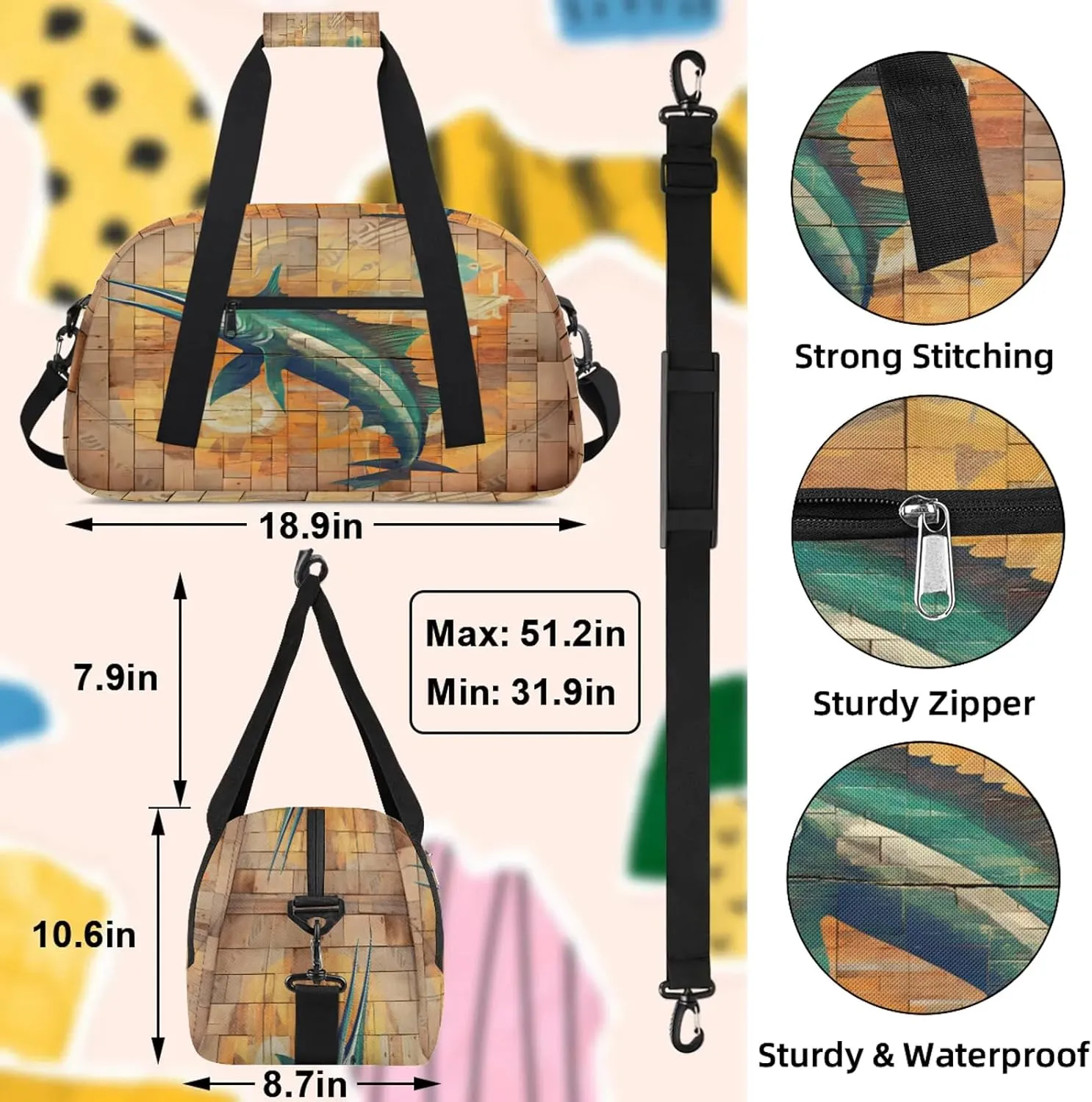 Funny Swordfish Small Gym Bag 18 inch Carry On Duffel Bag for Weekender Travel Sports Workout Yoga Gymnastics Dance Ballet