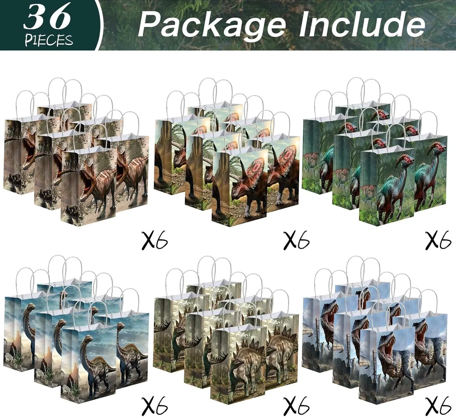 Funrous Dinosaur Gift Party Favor Dino Treat Bags Dinosaur Paper Goodie Bags with Handles Dino Candy Goodie Paper Package for Kids' Birthday Decorations Party Supplies, 8.7 x 6.3 x 3.2 Inch(36 Pcs)