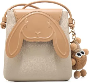 FUNSEED Cute Crossbody Bag for Women, Small Leather Lightweight Rabbit Cell Phone Bag for Daily Use, Beige