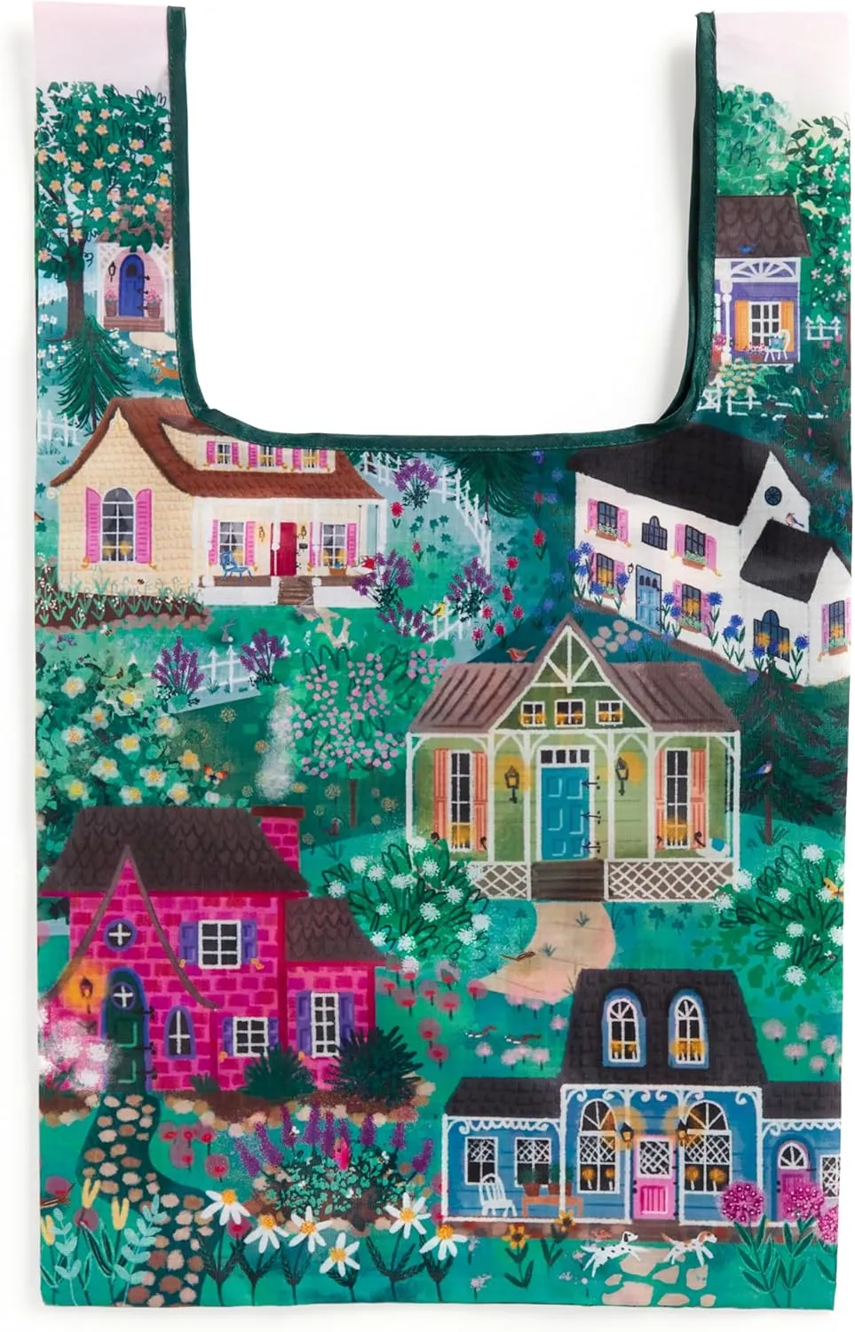 Galison Cottage Hills – Packable Nylon Reusable Tote Bag Eco Friendly Perfect For Groceries And Travel