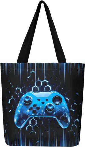 Gamepad Canvas Tote Bag,Gaming Gamer Aesthetic Shoulder Handbags,Modern Geometric Hexagon Tote Bag Reusable Handbag
