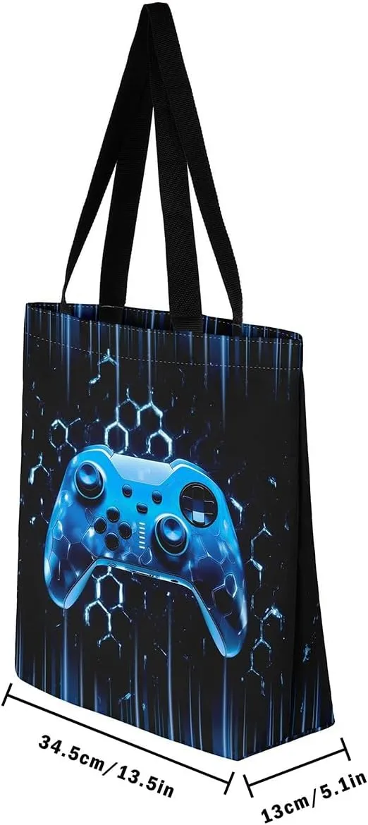 Gamepad Canvas Tote Bag,Gaming Gamer Aesthetic Shoulder Handbags,Modern Geometric Hexagon Tote Bag Reusable Handbag