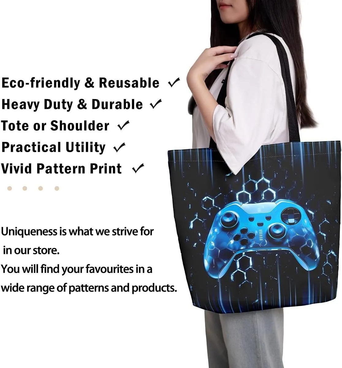 Gamepad Canvas Tote Bag,Gaming Gamer Aesthetic Shoulder Handbags,Modern Geometric Hexagon Tote Bag Reusable Handbag
