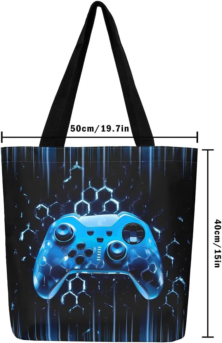 Gamepad Canvas Tote Bag,Gaming Gamer Aesthetic Shoulder Handbags,Modern Geometric Hexagon Tote Bag Reusable Handbag