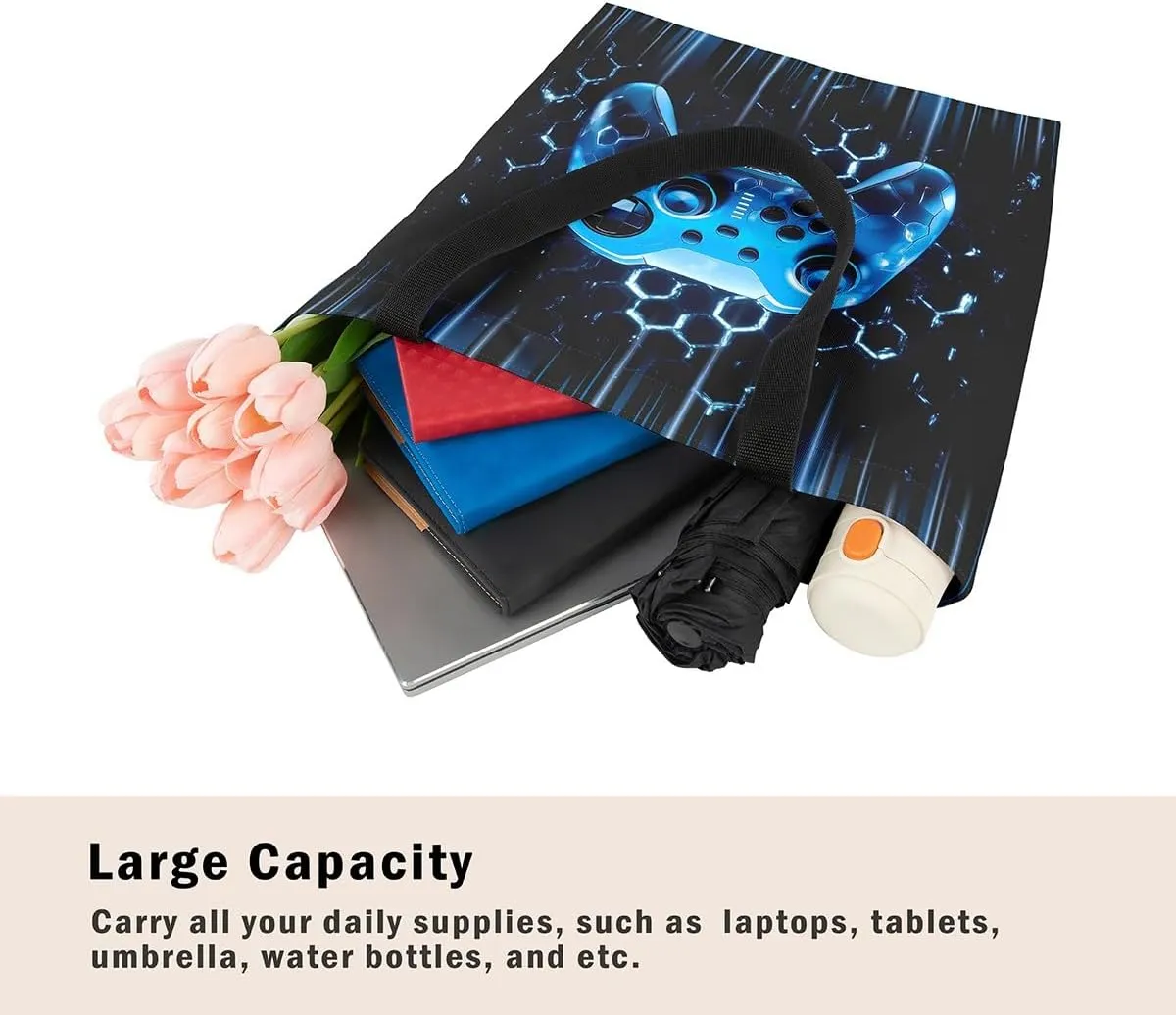 Gamepad Canvas Tote Bag,Gaming Gamer Aesthetic Shoulder Handbags,Modern Geometric Hexagon Tote Bag Reusable Handbag