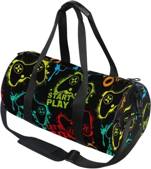 Gaming Gamepad Pattern Round Duffel Sports Bag Lightweight with Inner Pocket Gym Bag for Men Women Duffle Bag for Travel Sports