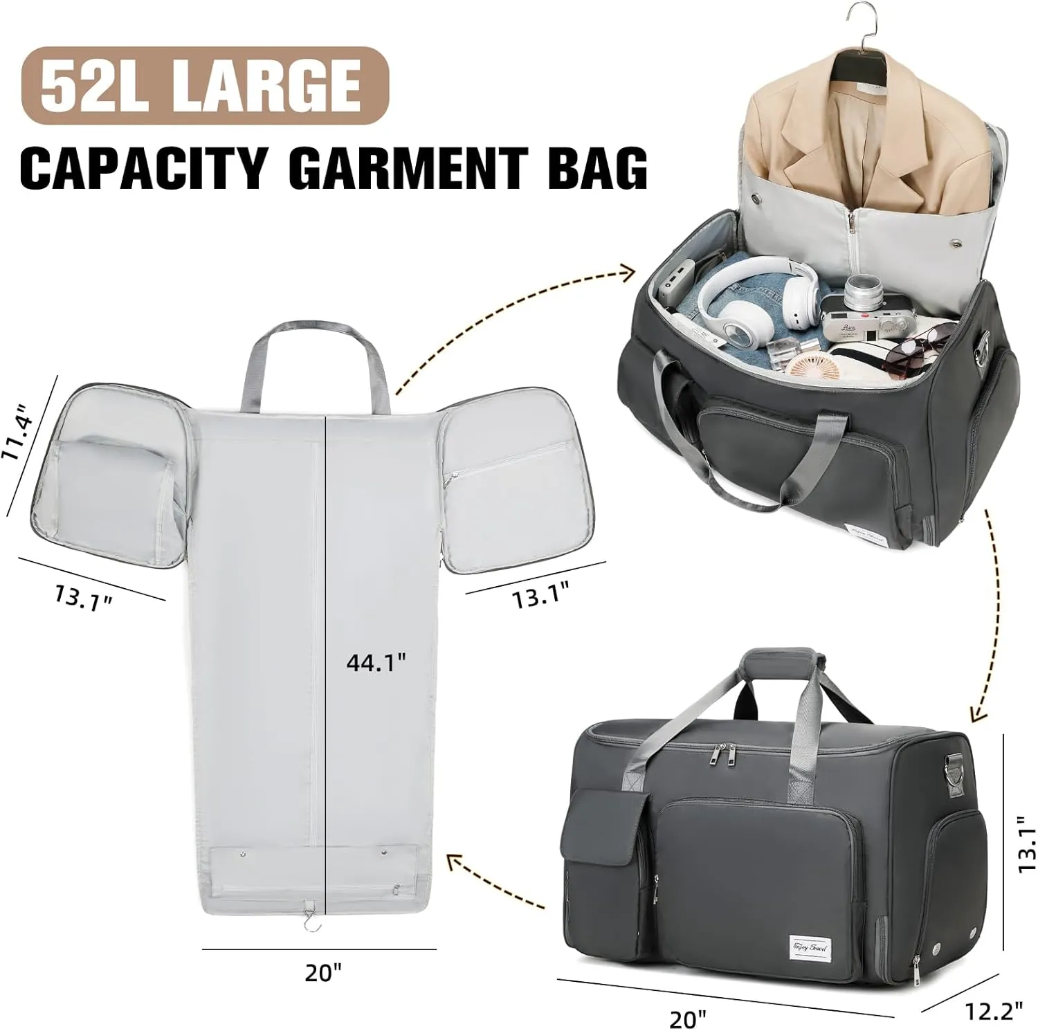 Garment Bags for Travel, 2 in 1 Convertible Carry On Duffle Bag Suit Bags Foldable Backpacks with Shoe Compartment & Toiletry Bag, Hanging Bags for Clothes Dress Suit for Men Women Gift (Grey)