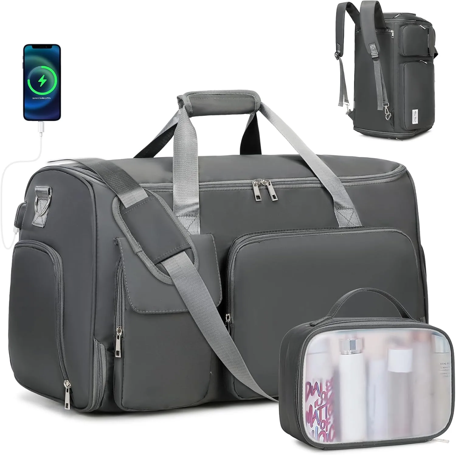 Garment Bags for Travel, 2 in 1 Convertible Carry On Duffle Bag Suit Bags Foldable Backpacks with Shoe Compartment & Toiletry Bag, Hanging Bags for Clothes Dress Suit for Men Women Gift (Grey)