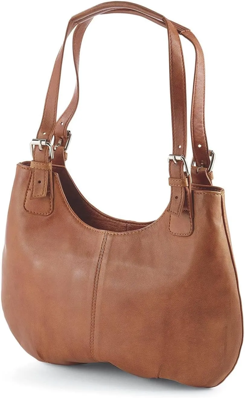 Genuine Leather Buckle Bag, Women’s Purse with Magnetic Snap Closure, Ladies Cognac Brown Handbag with Multiple Pockets, Detachable Crossbody Shoulder Strap