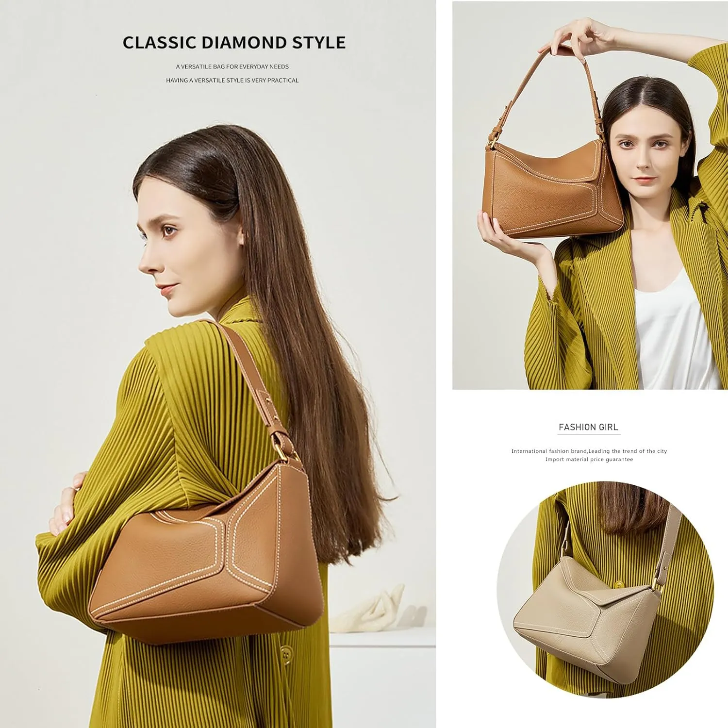 Genuine Leather Geometric Tote Bag for women Shoulder Bag Fashion Clutch Zipper Closure