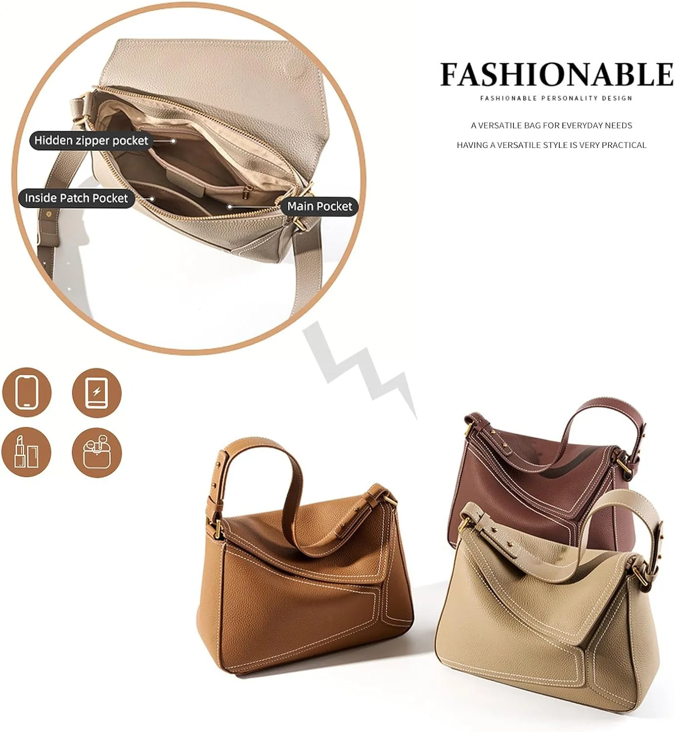 Genuine Leather Geometric Tote Bag for women Shoulder Bag Fashion Clutch Zipper Closure