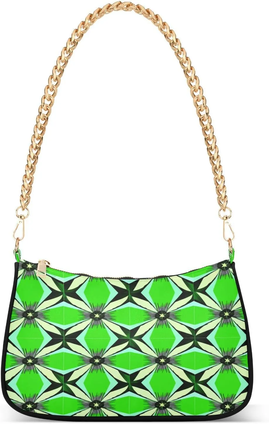 Geometric Angular Shapes Green Shoulder Bag with Zipper, Trendy Handbags