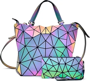 Geometric Luminous Crossbody Bag Iridescent Shoulder Purse Combo Holographic Reflective Night-Safe Visibility Handbags Set