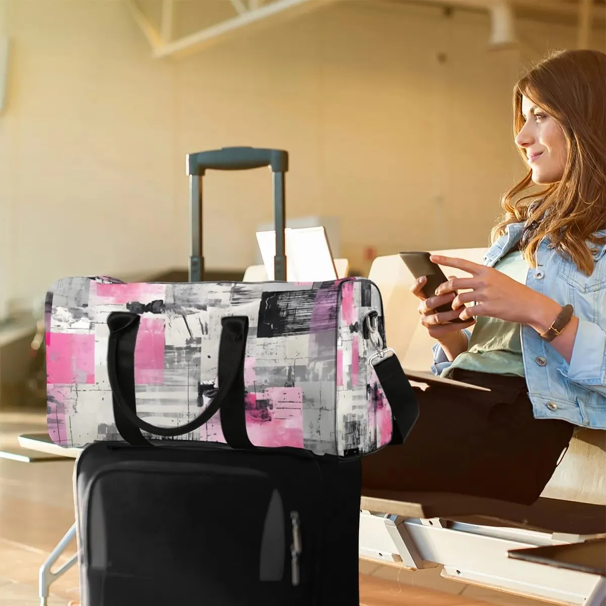 Geometric Modern Printed Travel Duffel Bag for Women Men Waterproof Foldable Overnight Weekender Bag Large Capacity Sports Gym Bag