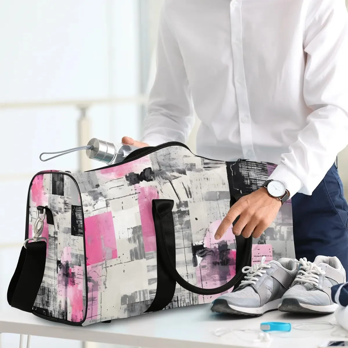 Geometric Modern Printed Travel Duffel Bag for Women Men Waterproof Foldable Overnight Weekender Bag Large Capacity Sports Gym Bag