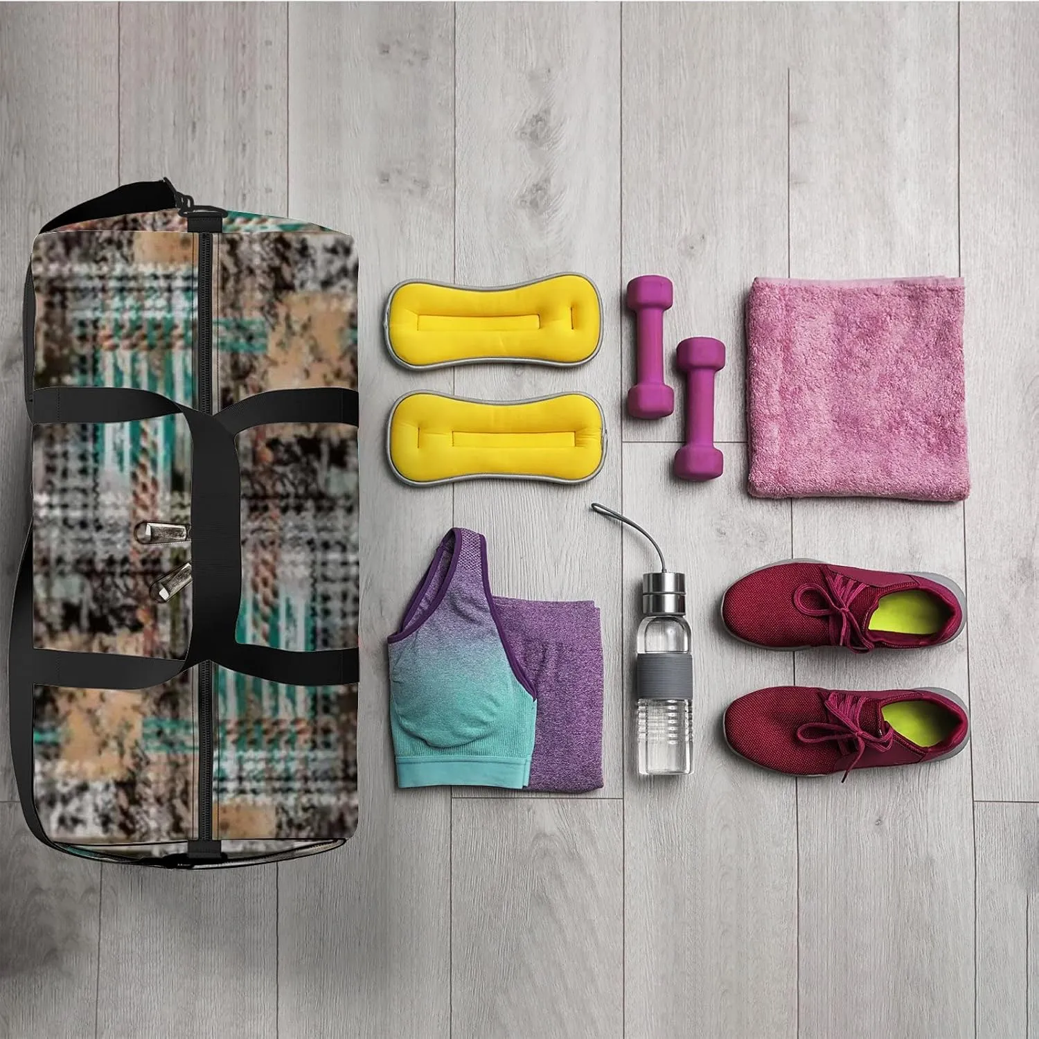 Geometric Pattern Scarf Design Fashion Textile Sports Bag Tote Bag Waterproof Gym Bag with Shoulder Strap Zipper 2 Side Pockets for Men and Women, Travel and Storage Shoulder Bag.