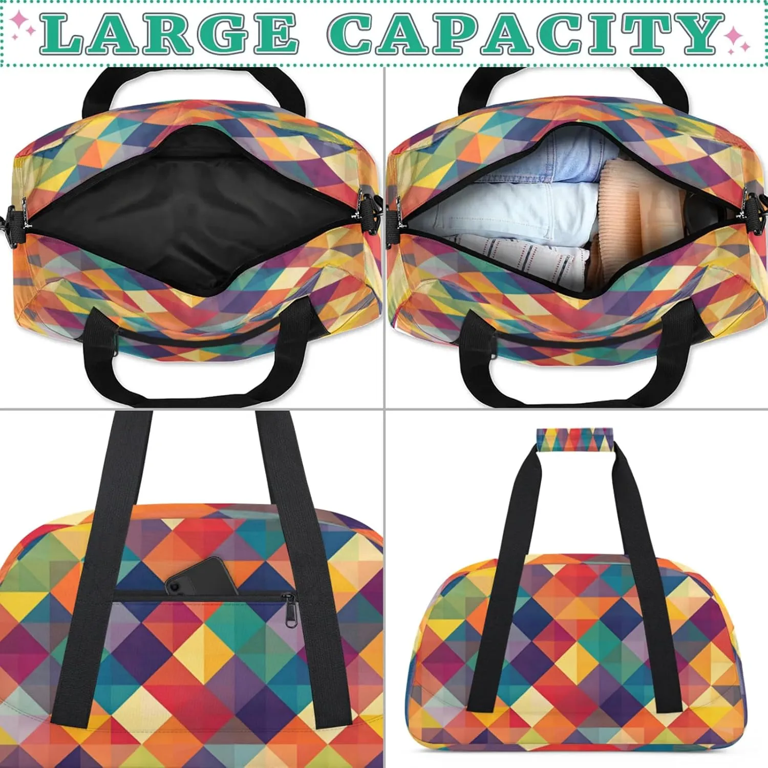 Geometric Printed Small Gym Bag for Women Men, Rainbow Colorful Travel Duffle Bag Workout Dance Tote Bag Carry On Overnight Weekender Bag