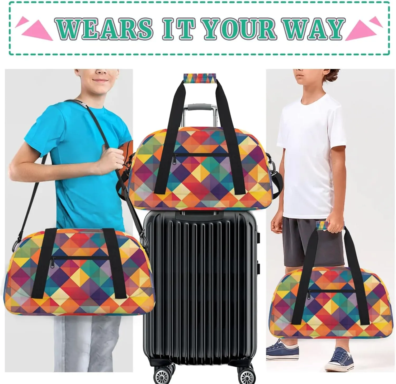 Geometric Printed Small Gym Bag for Women Men, Rainbow Colorful Travel Duffle Bag Workout Dance Tote Bag Carry On Overnight Weekender Bag