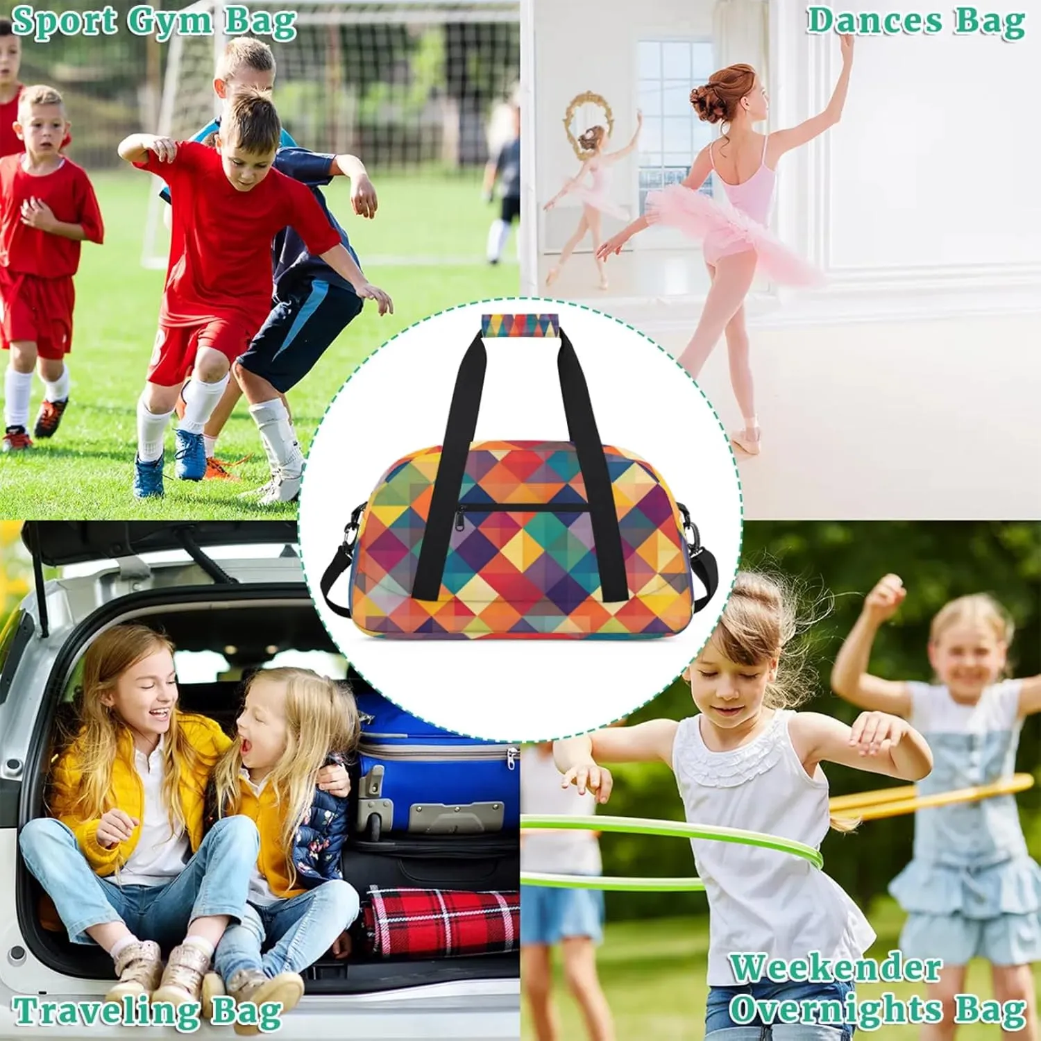 Geometric Printed Small Gym Bag for Women Men, Rainbow Colorful Travel Duffle Bag Workout Dance Tote Bag Carry On Overnight Weekender Bag