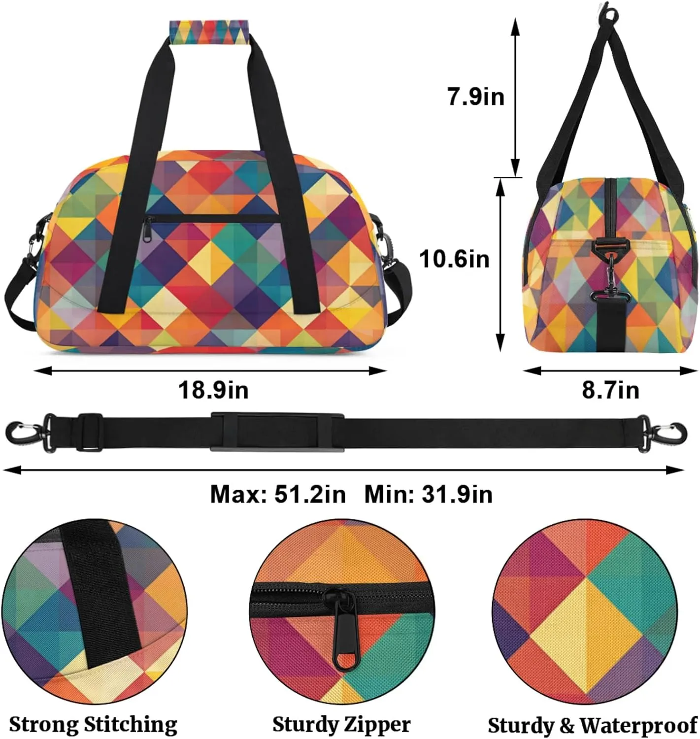 Geometric Printed Small Gym Bag for Women Men, Rainbow Colorful Travel Duffle Bag Workout Dance Tote Bag Carry On Overnight Weekender Bag