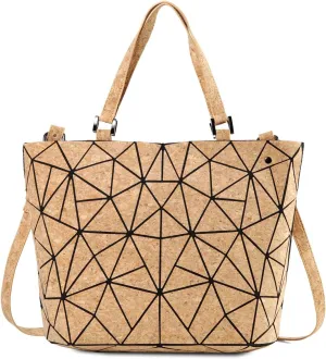 Geometric Tote Bag - Cork Handbag Top Handle Shopping Shoulder Bag Summer Beach Bag for Women Girls (Handbag with long strap)