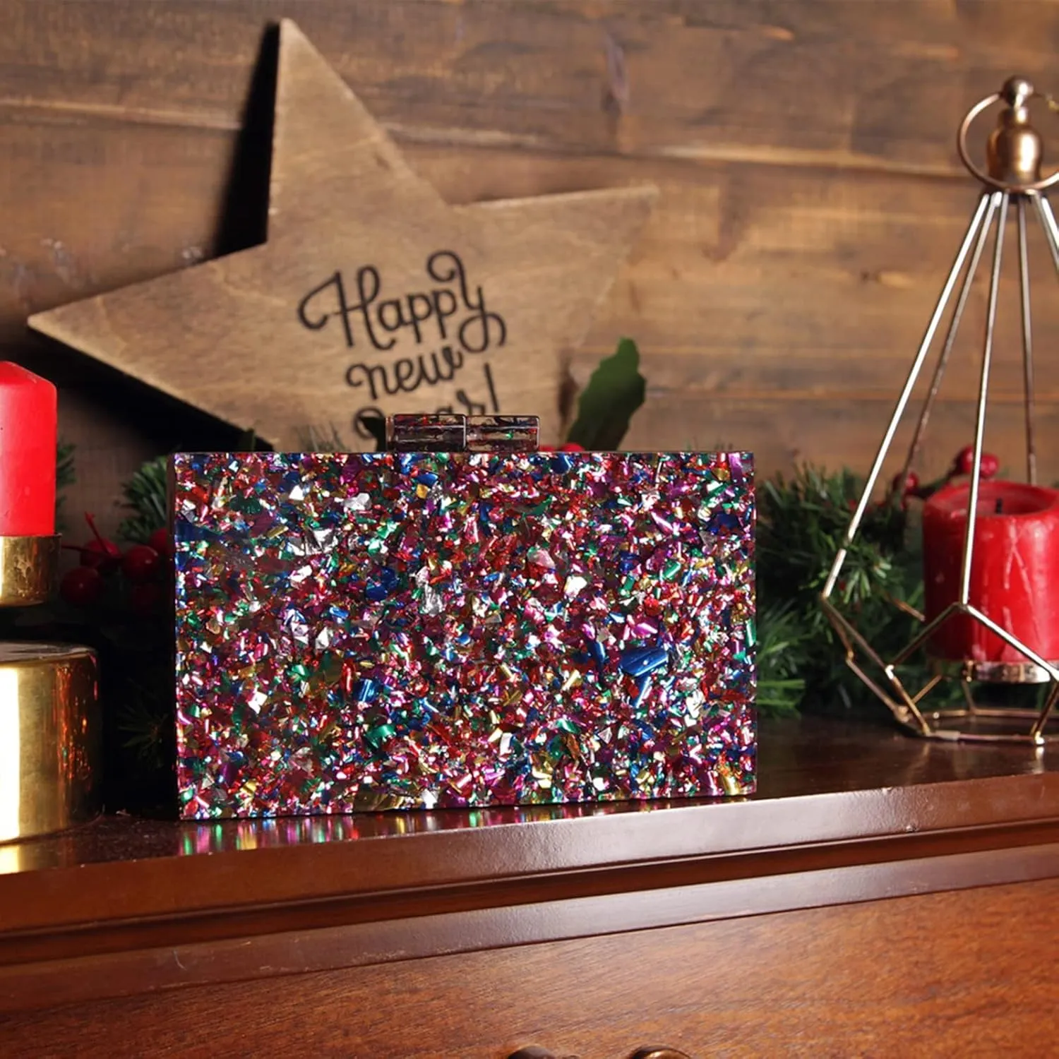 Gets Acrylic Purses and Handbags for Women Multicolor Perspex Geometric Patterns Box Clutch Banquet Evening Crossbody Handbag