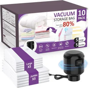 GGH vacuum seal bags for clothing with Electric Pump & New Air Valve, 10 Pack Space Saver Bags (5 Jumbo/5 Large) for Clothes, Comforters, Blankets - Press & Pump Compression Bags for Travel Essentials