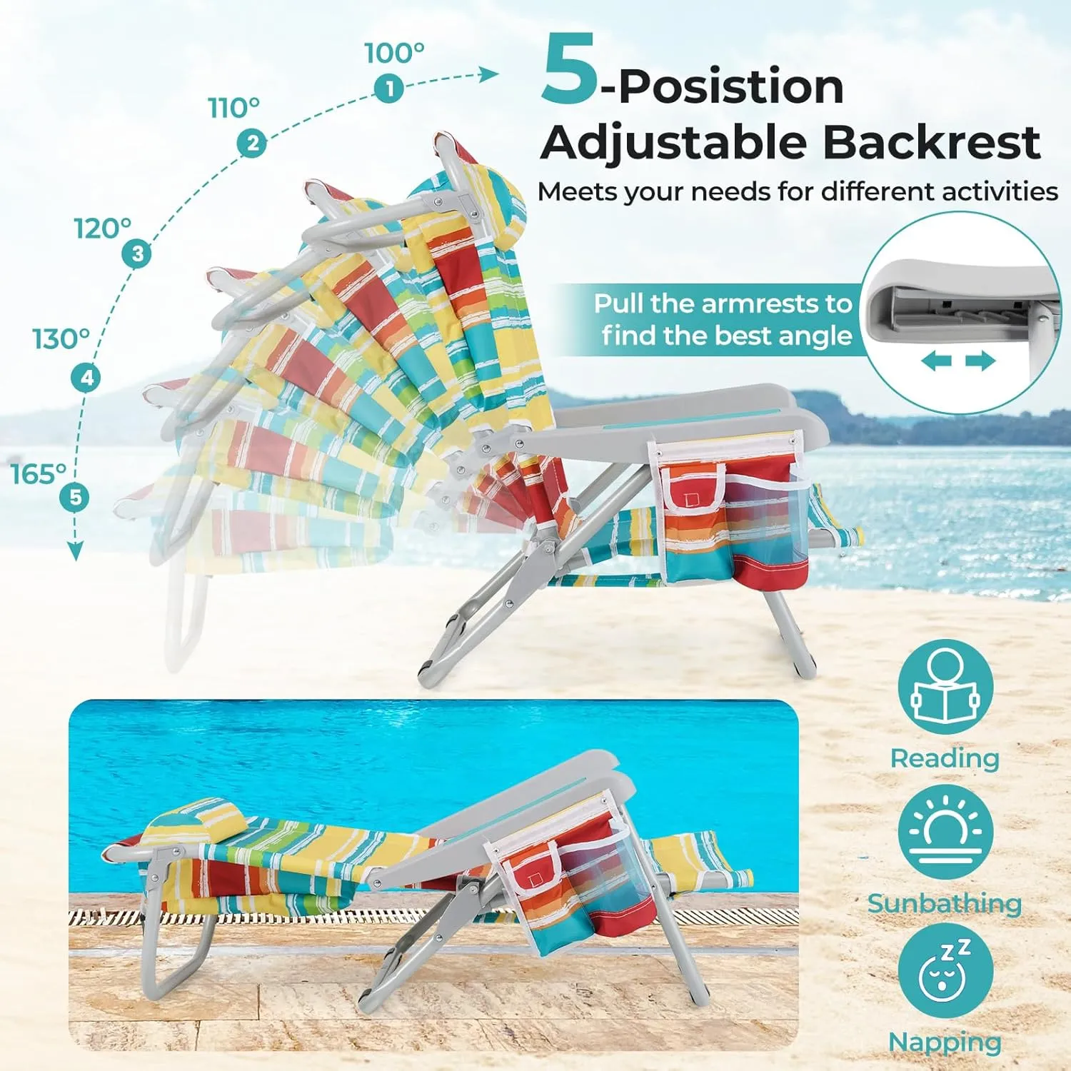 Giantex Backpack Beach Chair, Foldable Camping Chair with 5 Adjustable Position, Cup Holder, Storage Pockets, Straps, Towel Rack, Pillow, Lay Flat Lawn Chair for Patio Outdoor (1,Color Stripe)