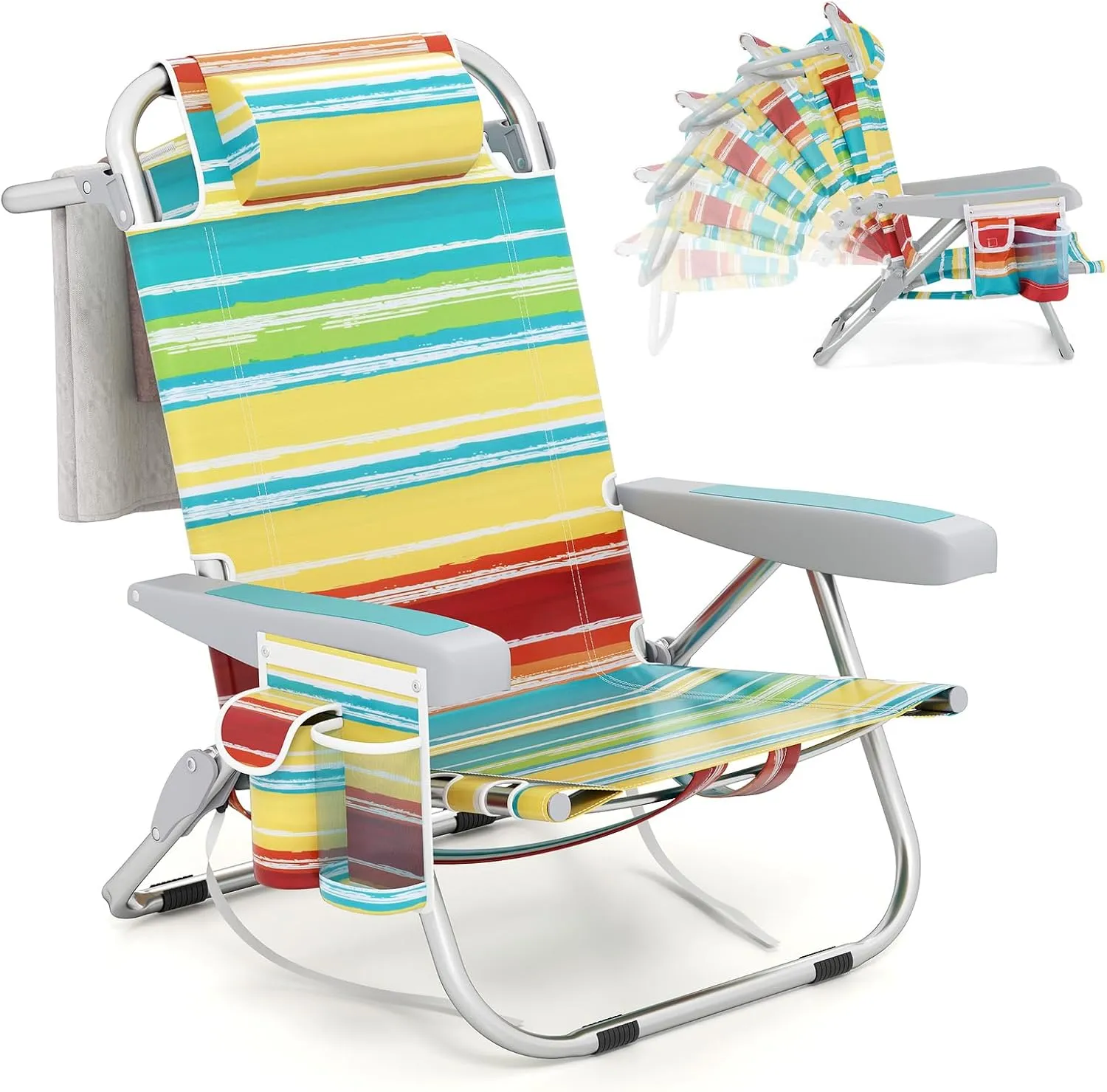Giantex Backpack Beach Chair, Foldable Camping Chair with 5 Adjustable Position, Cup Holder, Storage Pockets, Straps, Towel Rack, Pillow, Lay Flat Lawn Chair for Patio Outdoor (1,Color Stripe)