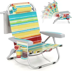 Giantex Backpack Beach Chair, Foldable Camping Chair with 5 Adjustable Position, Cup Holder, Storage Pockets, Straps, Towel Rack, Pillow, Lay Flat Lawn Chair for Patio Outdoor (1,Color Stripe)