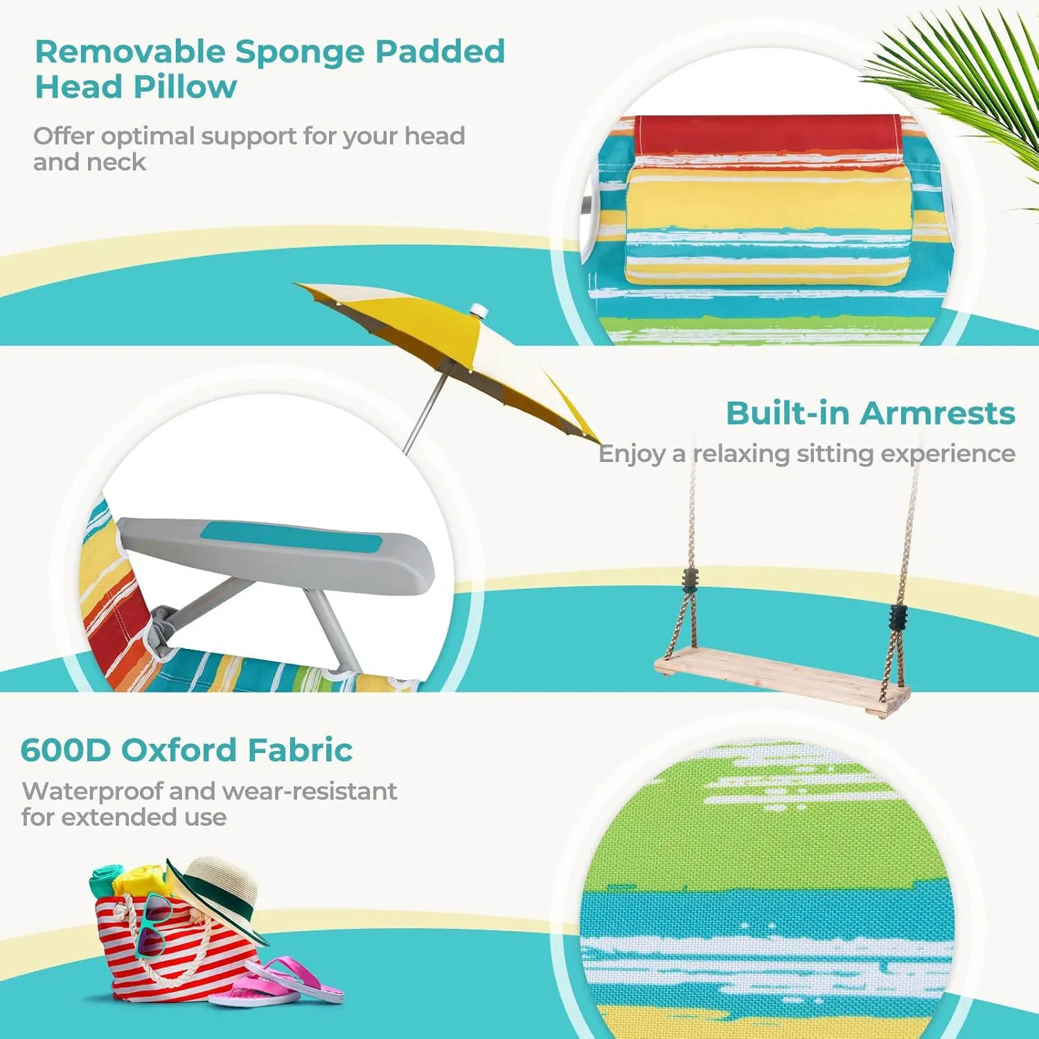 Giantex Backpack Beach Chair, Foldable Camping Chair with 5 Adjustable Position, Cup Holder, Storage Pockets, Straps, Towel Rack, Pillow, Lay Flat Lawn Chair for Patio Outdoor (1,Color Stripe)