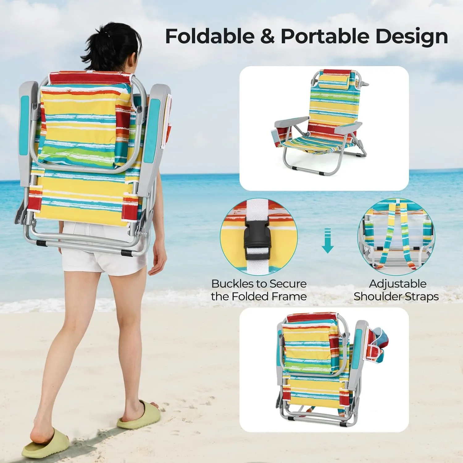 Giantex Backpack Beach Chair, Foldable Camping Chair with 5 Adjustable Position, Cup Holder, Storage Pockets, Straps, Towel Rack, Pillow, Lay Flat Lawn Chair for Patio Outdoor (1,Color Stripe)
