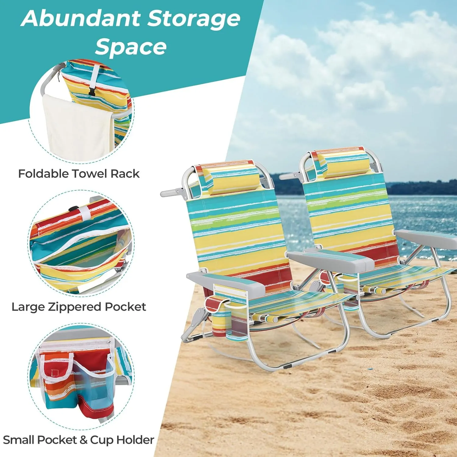 Giantex Backpack Beach Chair, Foldable Camping Chair with 5 Adjustable Position, Cup Holder, Storage Pockets, Straps, Towel Rack, Pillow, Lay Flat Lawn Chair for Patio Outdoor (1,Color Stripe)
